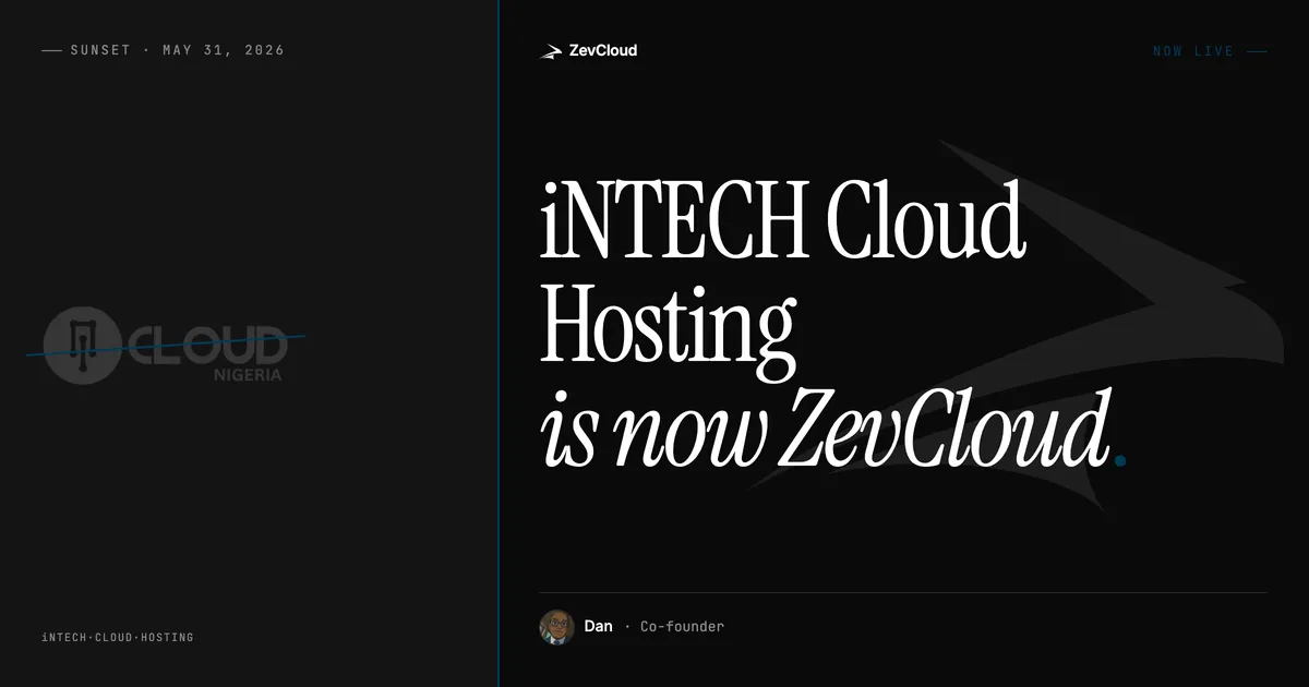 iNTECH Cloud Hosting wordmark transitioning into the ZevCloud wordmark, with the ZevCloud mark on a soft gradient background.