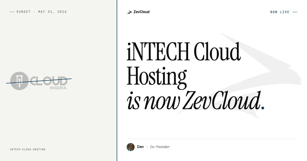 iNTECH Cloud Hosting wordmark transitioning into the ZevCloud wordmark, with the ZevCloud mark on a soft gradient background.