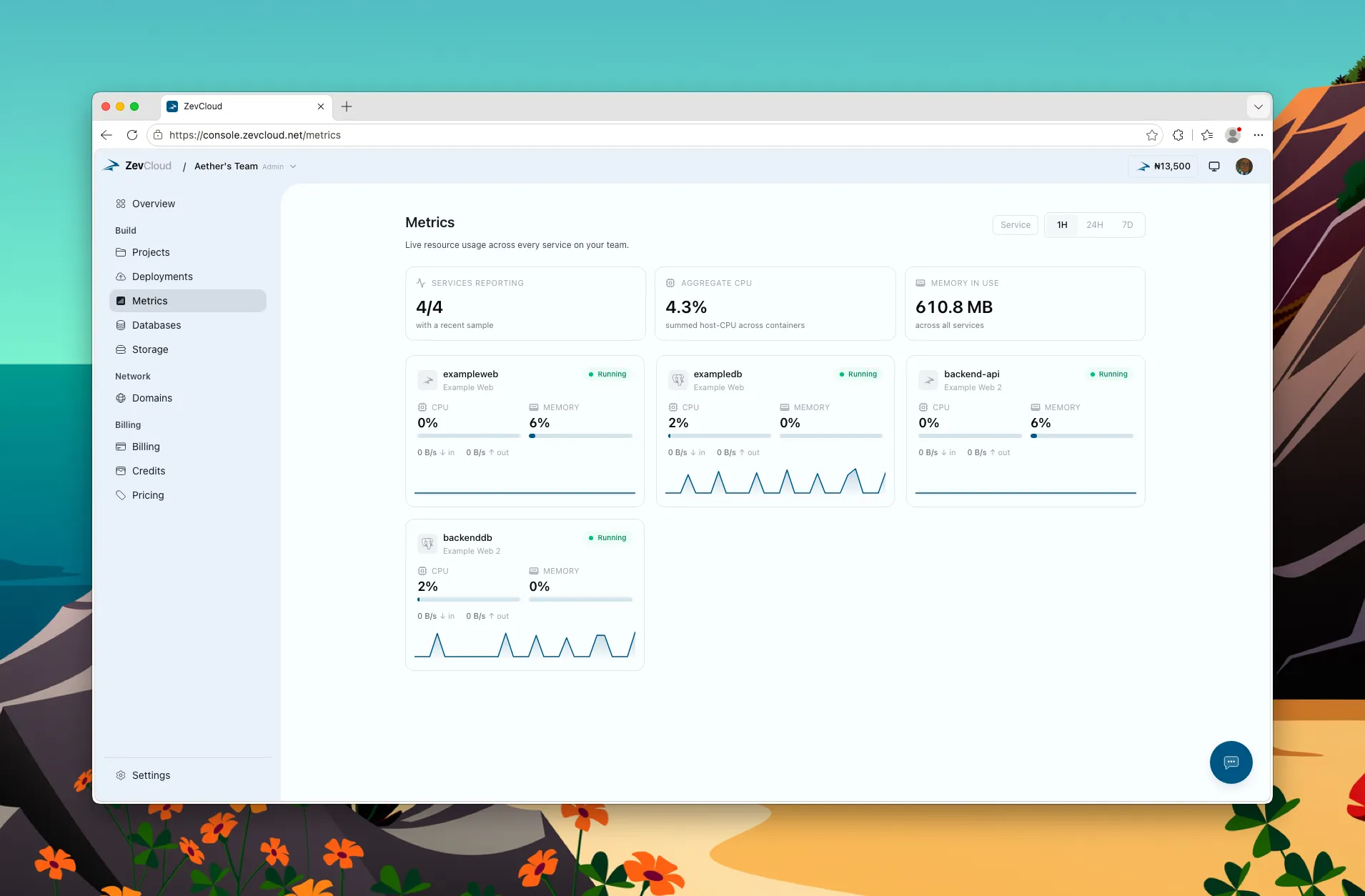 The team-wide Metrics page on ZevCloud, listing every service in a team with its live CPU, memory, and network usage on one screen.